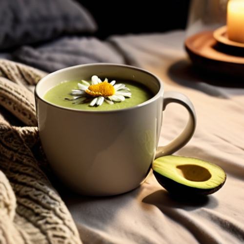 Home 11 **
Creamy chamomile tea with mashed avocado and honey, served warm in a cozy mug. Focus on relaxation and soothing vibes. The scene is set in a dimly lit bedroom at night, with soft lighting, books, and a comfortable blanket in the background. This image should evoke a feeling of calm and peacefulness before sleep.
**
