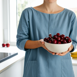 A serene person, gender-neutral and adult, in comfortable, modest clothing, gently holding a small bowl of fresh cherries. The setting is a tranquil, well-lit modern kitchen, with a clean counter displaying other sleep-friendly foods such as almonds and a banana. Soft, warm evening light filters through a window, creating a calm and inviting atmosphere. Professional photography, high detail, perfect anatomy, correct proportions, natural pose, well-formed hands, proper finger count, natural body proportions, fully clothed, appropriate attire, modest clothing, safe for work, appropriate content, family-friendly.