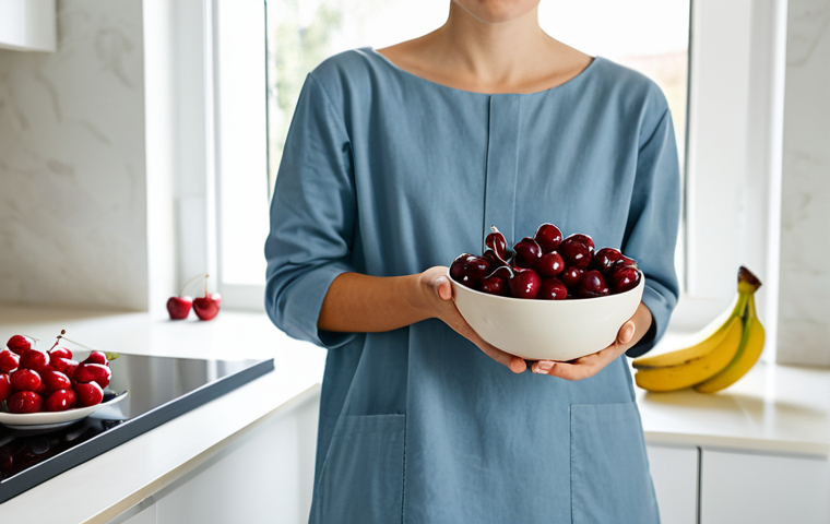 A serene person, gender-neutral and adult, in comfortable, modest clothing, gently holding a small bowl of fresh cherries. The setting is a tranquil, well-lit modern kitchen, with a clean counter displaying other sleep-friendly foods such as almonds and a banana. Soft, warm evening light filters through a window, creating a calm and inviting atmosphere. Professional photography, high detail, perfect anatomy, correct proportions, natural pose, well-formed hands, proper finger count, natural body proportions, fully clothed, appropriate attire, modest clothing, safe for work, appropriate content, family-friendly.