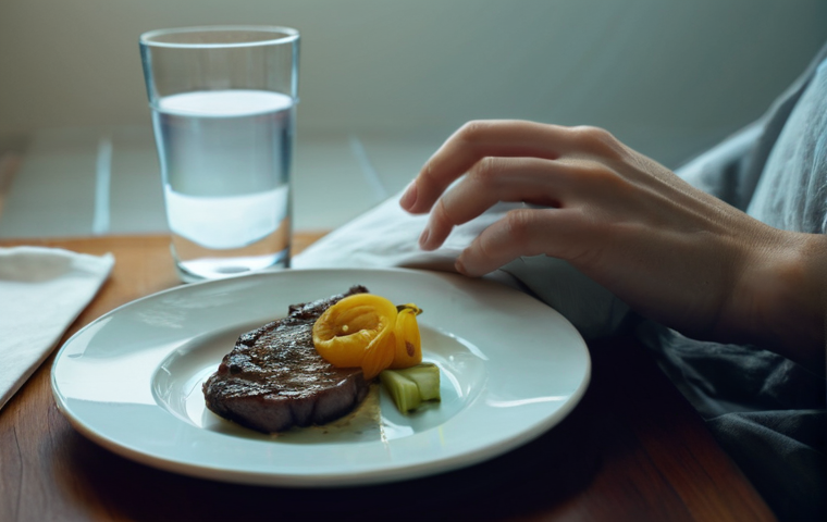 고기와 수면의 관계 - **Prompt:** A person, clearly an adult, tossing and turning in bed during the night, looking uncomfo...