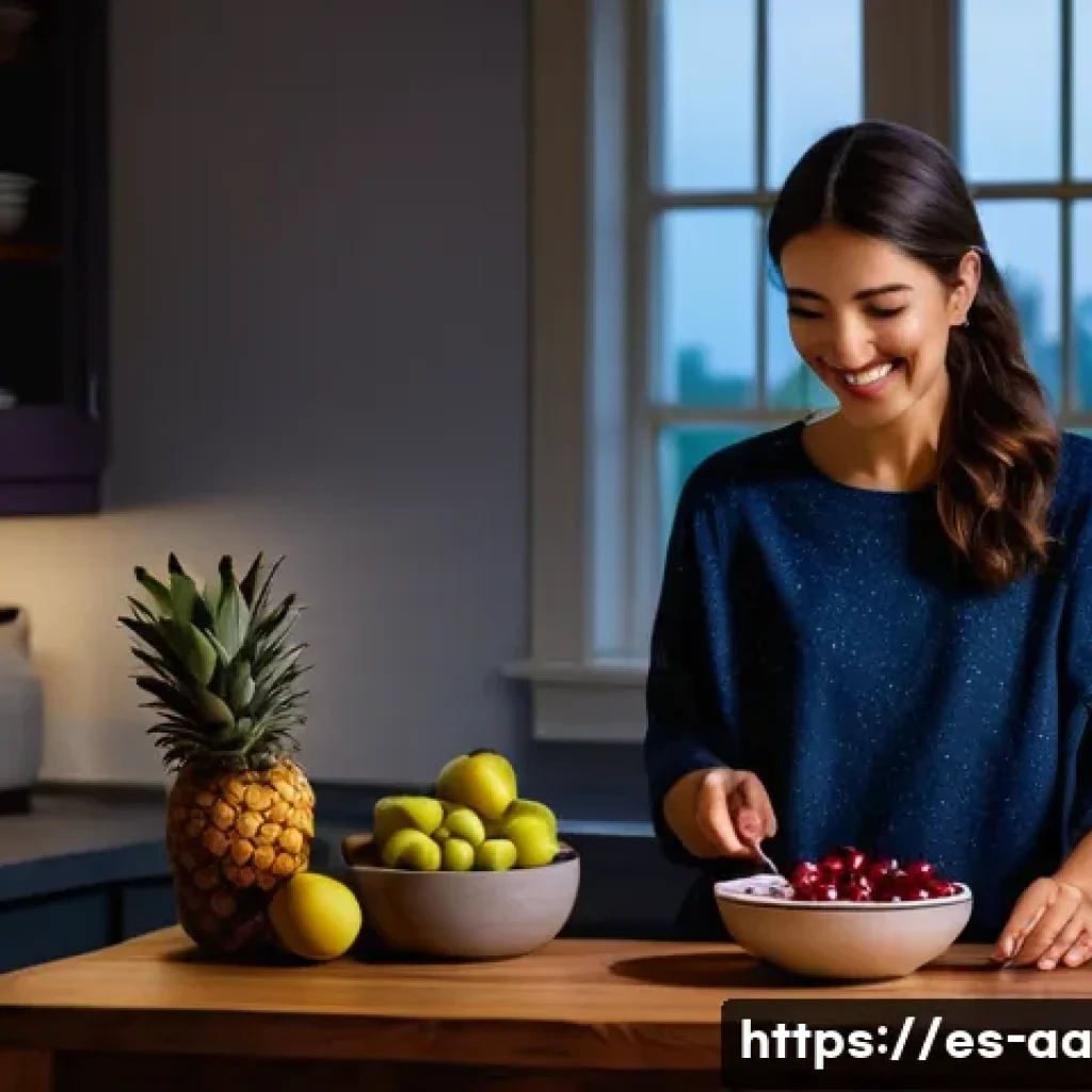 수면 개선을 위한 신선한 과일 조합 - A vibrant and inviting nighttime kitchen scene featuring a Spanish-speaking adult woman preparing a ...