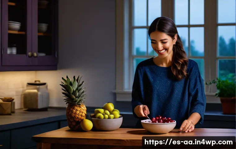수면 개선을 위한 신선한 과일 조합 - A vibrant and inviting nighttime kitchen scene featuring a Spanish-speaking adult woman preparing a ...