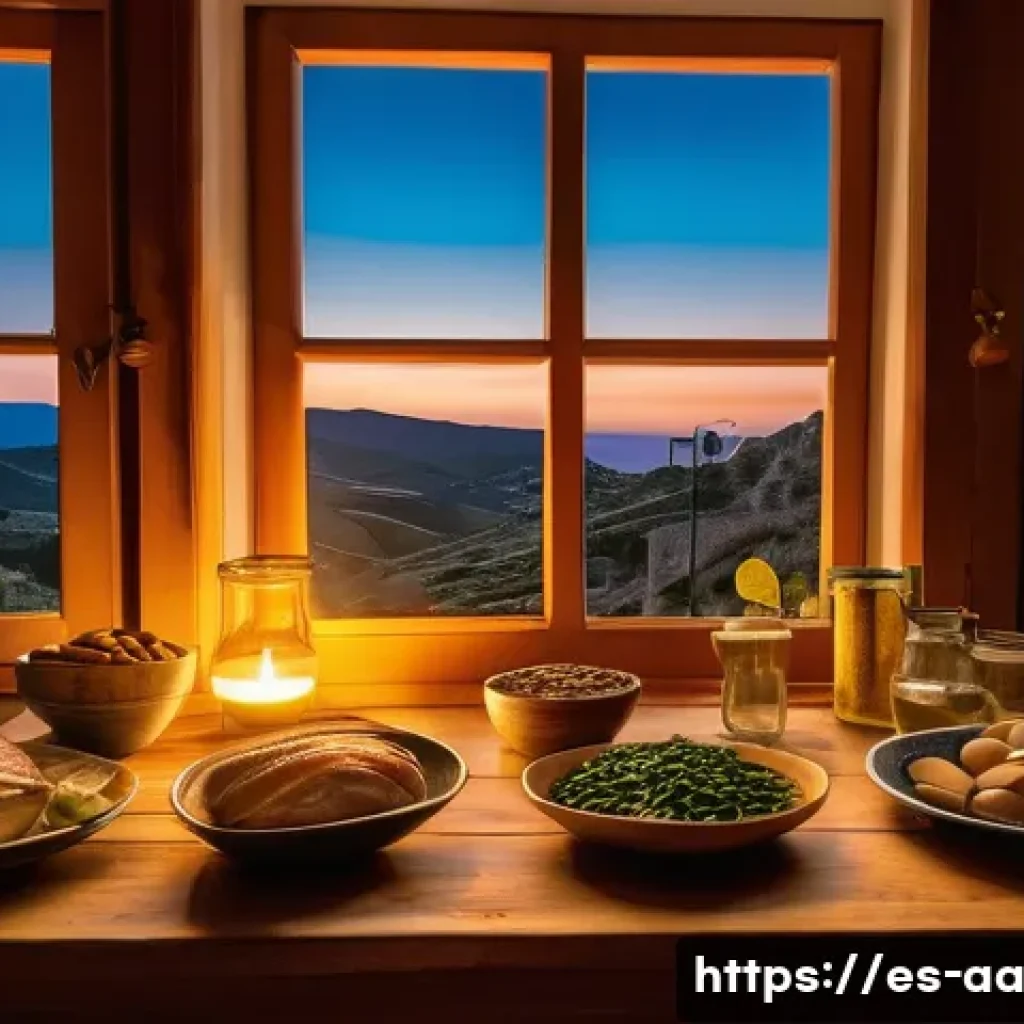 불면증 치료를 위한 식이요법의 효과 - A cozy Spanish kitchen scene at dusk, featuring a rustic wooden table set for dinner with a variety ...