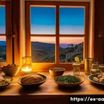 불면증 치료를 위한 식이요법의 효과 - A cozy Spanish kitchen scene at dusk, featuring a rustic wooden table set for dinner with a variety ...