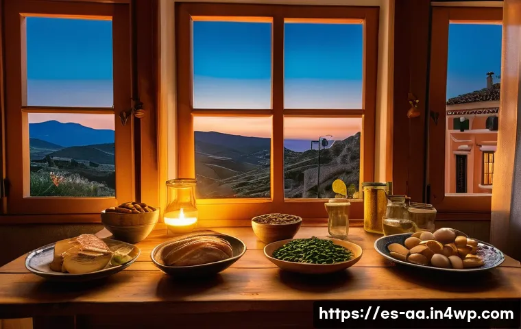 불면증 치료를 위한 식이요법의 효과 - A cozy Spanish kitchen scene at dusk, featuring a rustic wooden table set for dinner with a variety ...