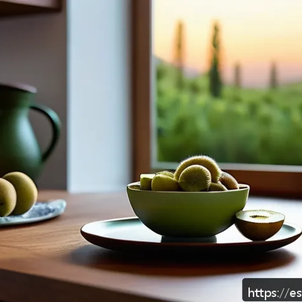 수면 유도에 효과적인 식품 추천 - A cozy nighttime kitchen scene in a modern Spanish home, featuring a wooden table set with a bowl of...