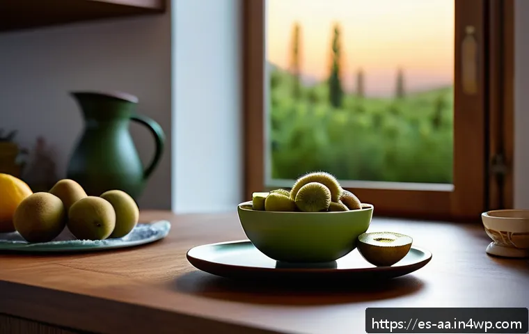 수면 유도에 효과적인 식품 추천 - A cozy nighttime kitchen scene in a modern Spanish home, featuring a wooden table set with a bowl of...