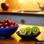 수면 유도 기능이 있는 과일 - A serene nighttime kitchen scene featuring a small bowl of fresh cherries, sliced kiwi, and a peeled...