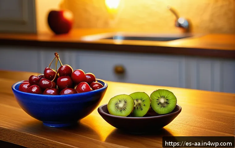 수면 유도 기능이 있는 과일 - A serene nighttime kitchen scene featuring a small bowl of fresh cherries, sliced kiwi, and a peeled...