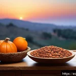수면을 돕는 생리학적 식품 - A cozy, warm kitchen scene at twilight in a Spanish home, featuring a wooden table with a rustic bow...