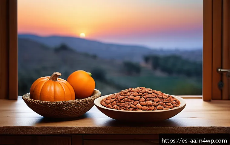 수면을 돕는 생리학적 식품 - A cozy, warm kitchen scene at twilight in a Spanish home, featuring a wooden table with a rustic bow...