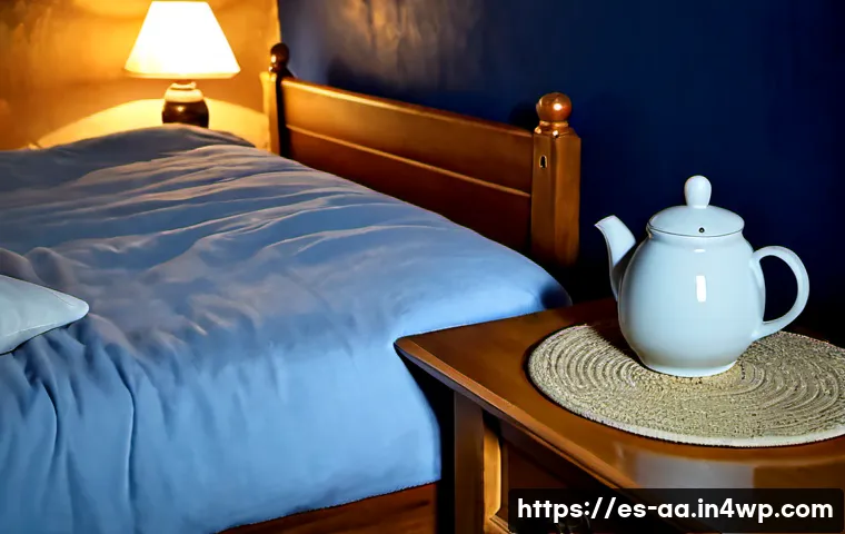 Home 17 수면 보조를 위한 차 종류 분석 - Photorealistic evening bedroom scene in a Spanish home, a calming cup of chamomile tea with visible ...