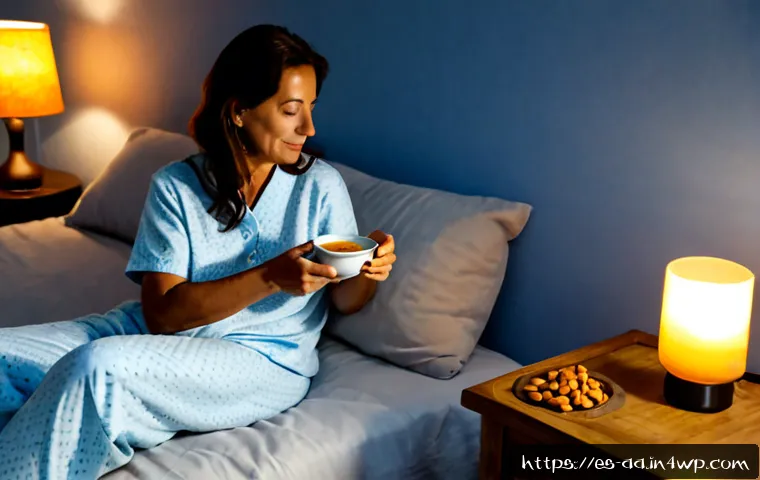 수면 질 개선을 위한 영양소 섭취 가이드 - Photorealistic evening bedroom scene in a Spanish home, a relaxed middle-aged woman in modest cotton...