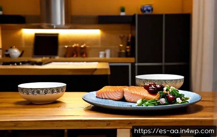 수면 품질을 높이는 식사 전략 - Photorealistic evening kitchen scene in a warm Spanish home, a simple sleep-supporting dinner arrang...