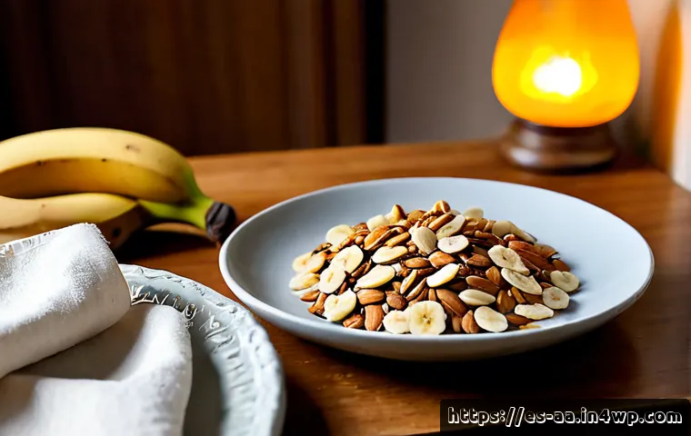 수면 개선 효과가 있는 스낵 아이디어 - Photorealistic evening kitchen scene in a Spanish home, a small ceramic plate with homemade oat, ban...